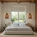 Modern bedroom with a bed, wooden nightstands, and bedside dark rattan pendant lights.