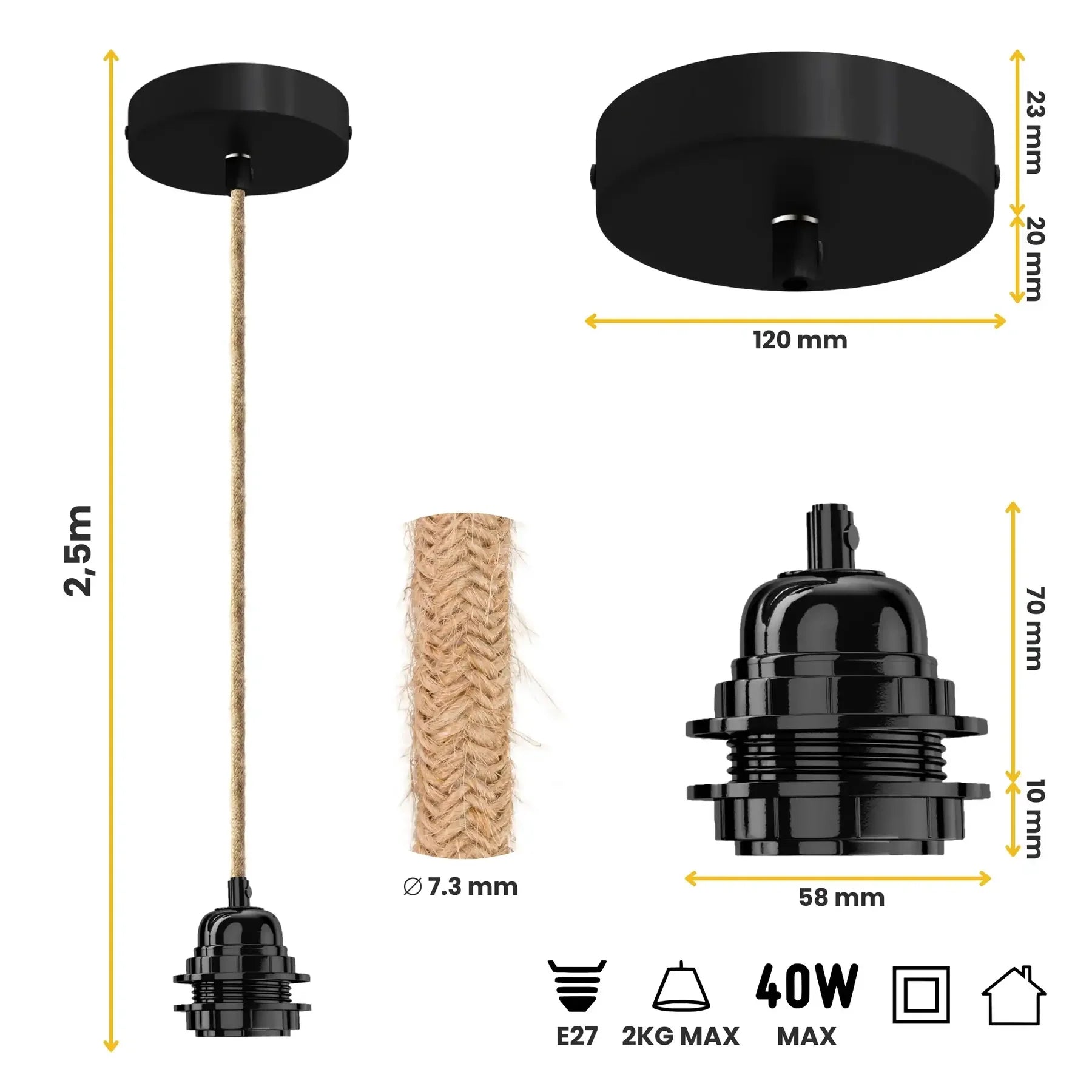 Jute pendant E27 lighting cable  with measurements and specifications flo & Joe uk