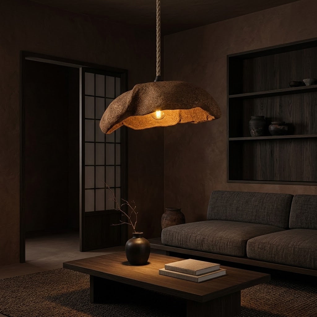 A rustic pendant light with a textured brown paper leaf shade hangs over a dark wood coffee table in a dimly lit, modern japanese style living room with a gray sofa.