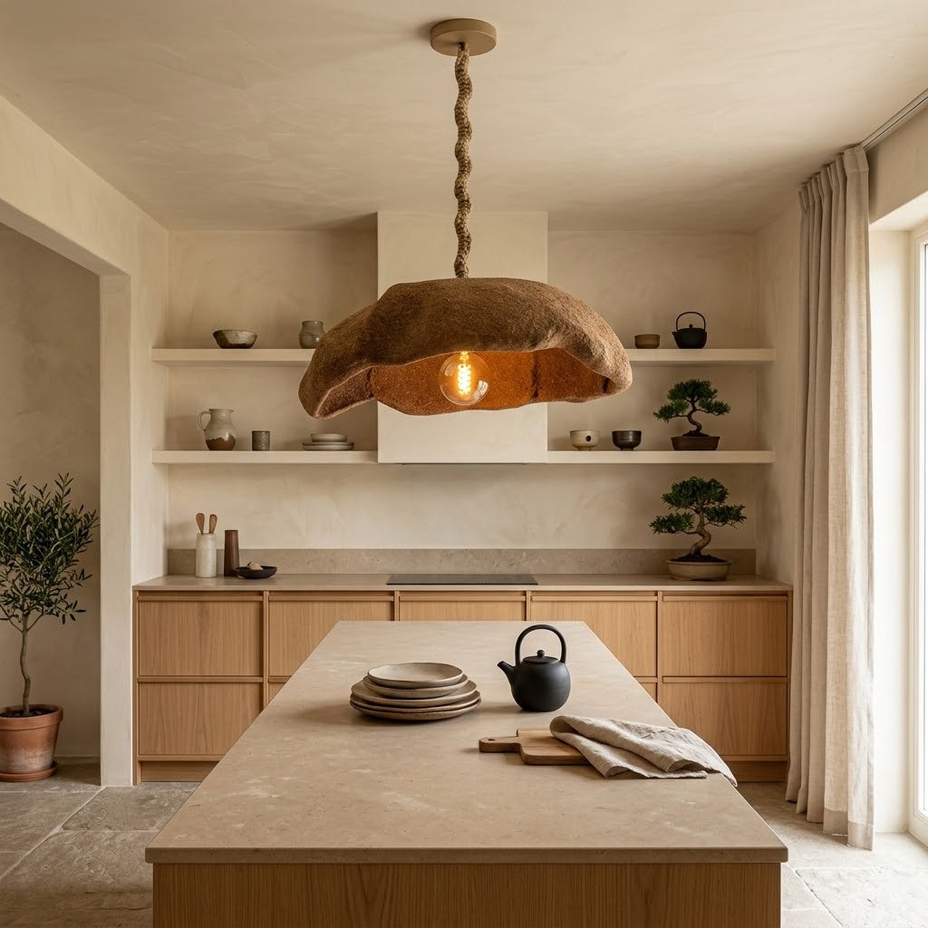 A rustic pendant light with a textured, organic shaped brown shade and a twisted rope style cord hangs over a modern kitchen island. the kitchen features light wood cabinets, open shelves with decorative items, and a stone countertop.