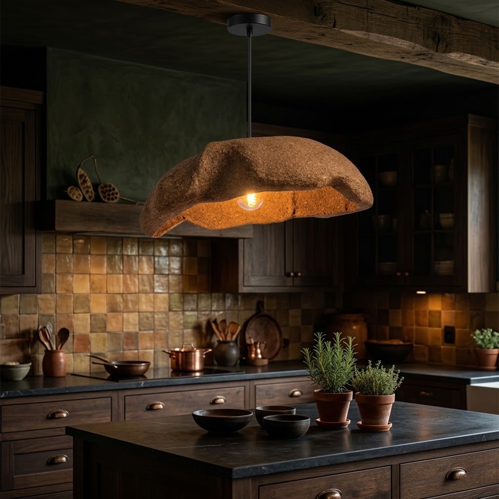 A rustic pendant light with a textured, mushroom-shaped shade hangs over a dark wood kitchen island, casting a warm glow. The kitchen features dark wood cabinets, a tiled backsplash, and potted green plants on the counter.