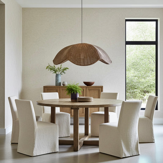 Dining room with a wooden table and chairs, featuring a wicker rattan  pendant light.