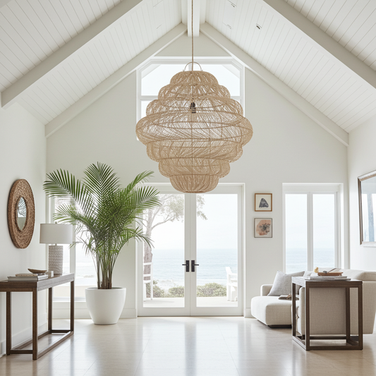 Modern living room with a wicker  rattan chandelier, plant, and white walls.
