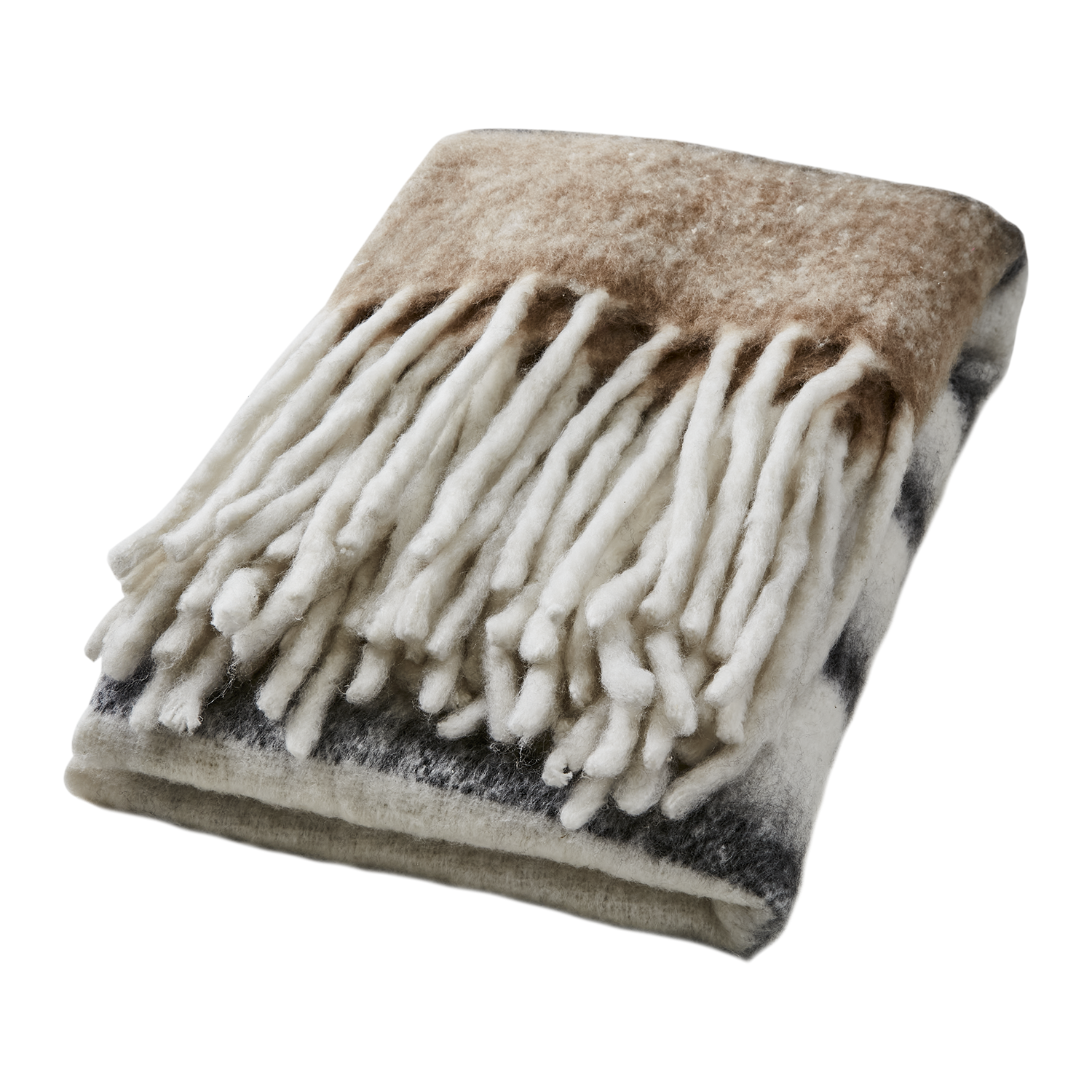 Soft tassel fringed blanket throw in brown, charcoal and cream