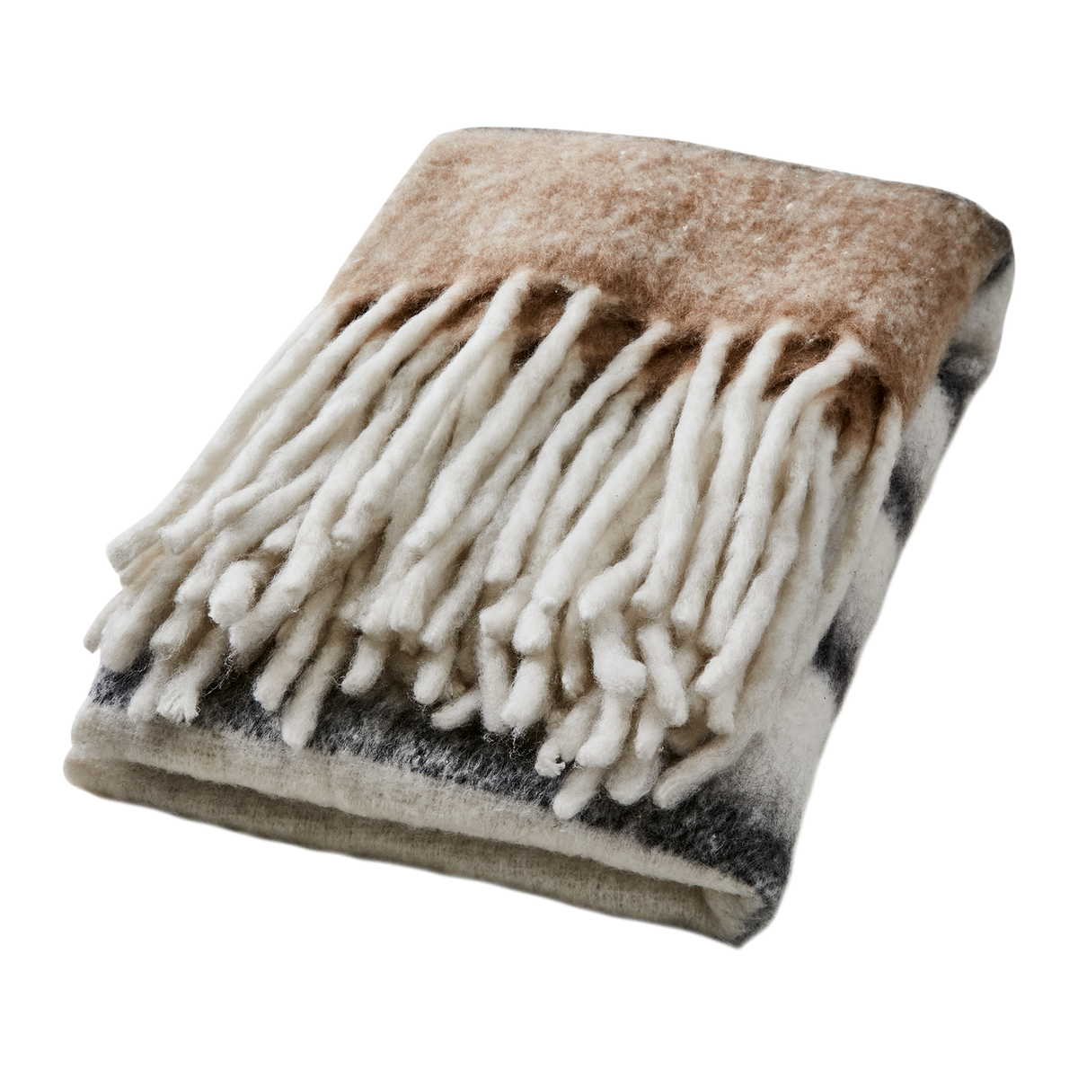 Soft tassel fringed blanket throw in brown, charcoal and cream