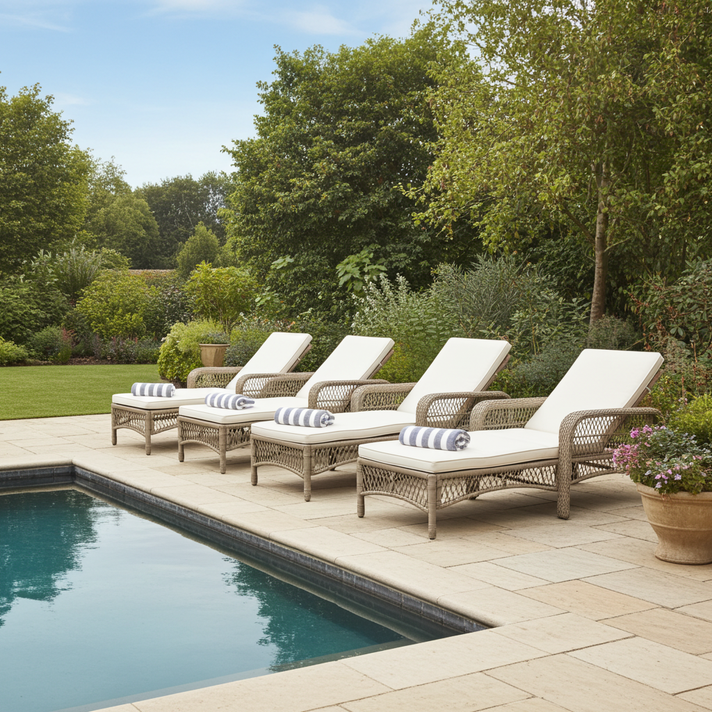 Four wicker lounge chairs with white cushions by a pool in a garden setting.