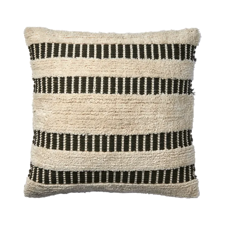 Textured 50 cm scatter cushion with green  horizontal stripes on a white background
