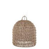 A dome-shaped woven pendant light made from natural jute or seagrass rope, suspended from a thin metal rod against a plain white background.