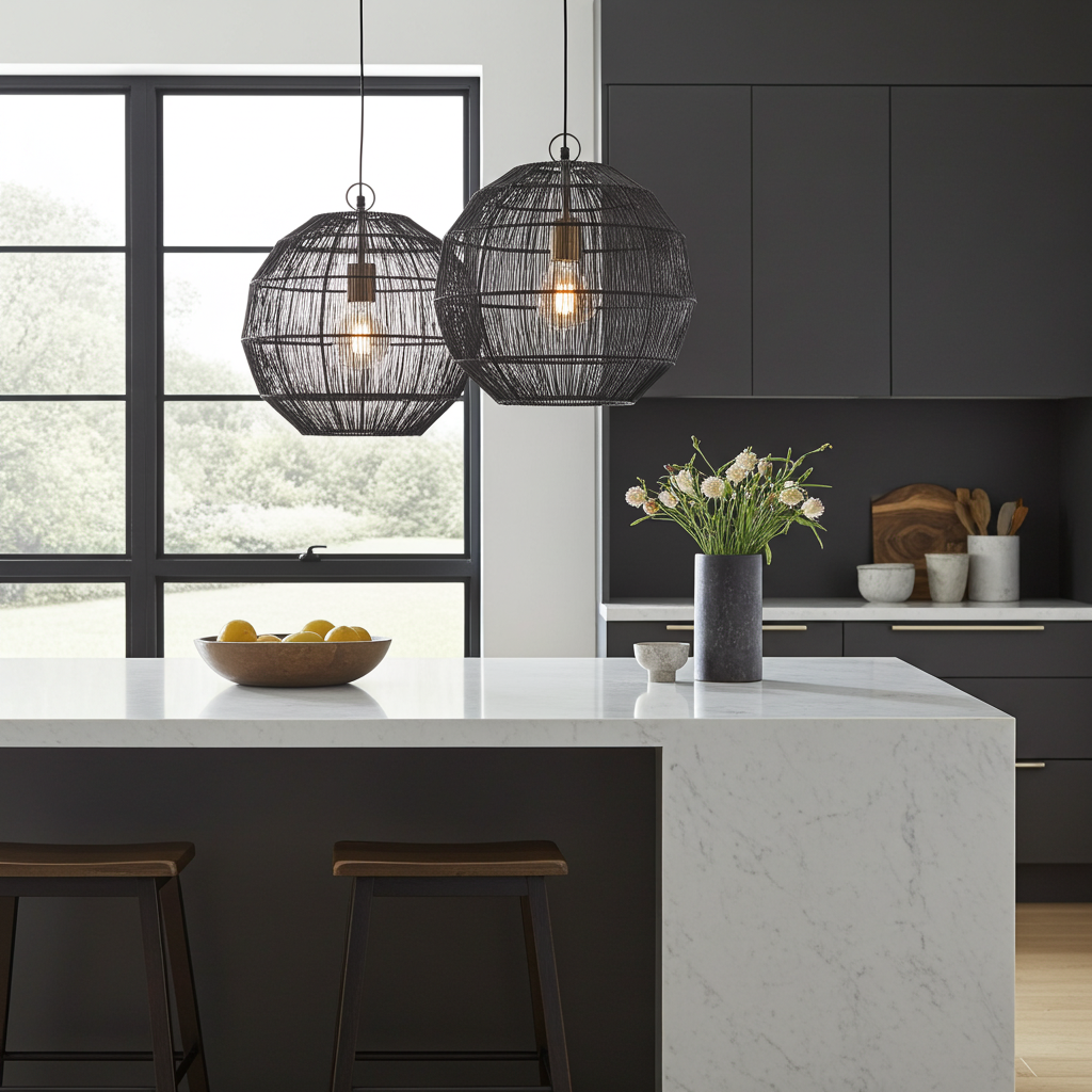 Modern kitchen with black pendant lights, white marble island, and dark cabinets.