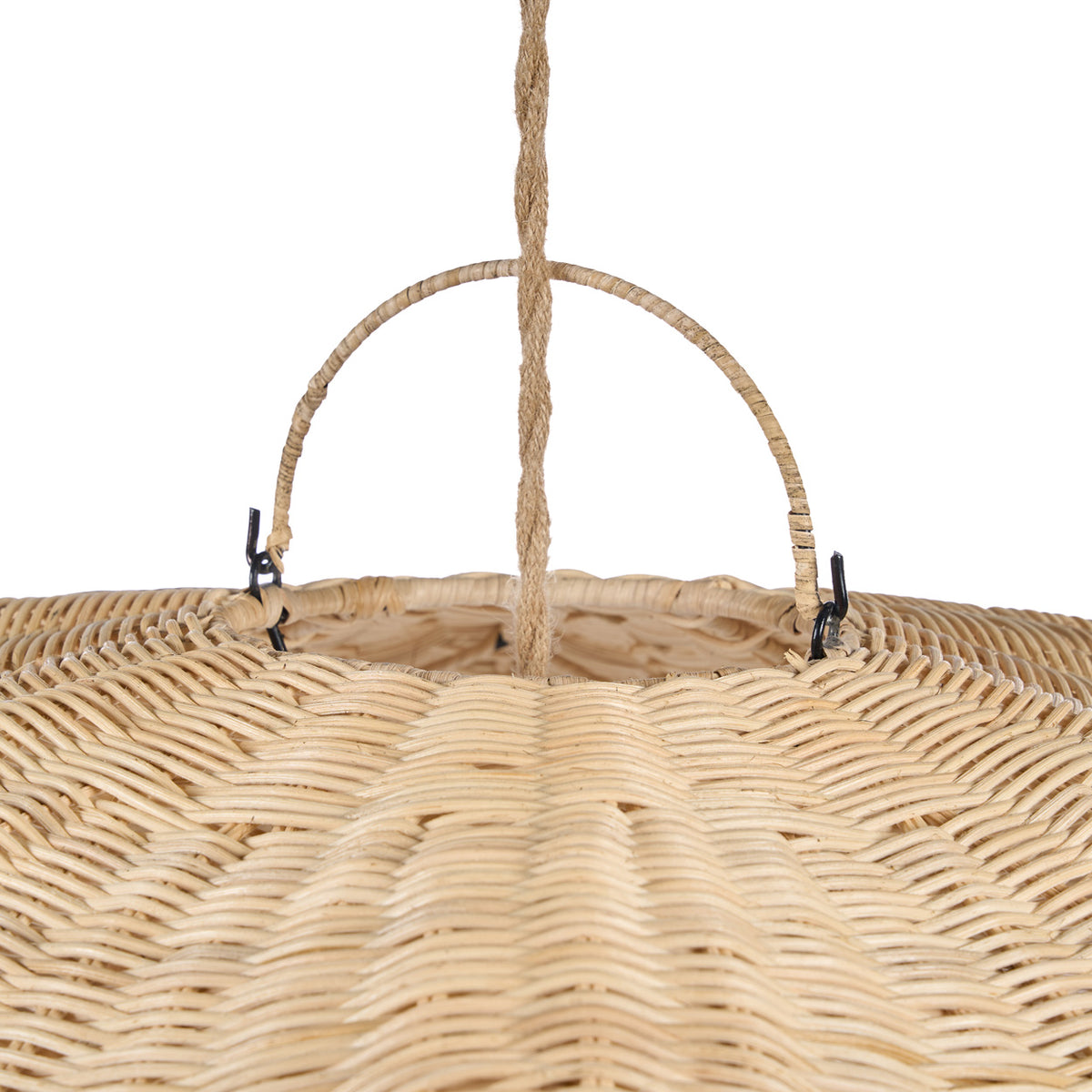 Close up of an oversized wicker rattan pendant light chandelier ceiling cable
   flo & joe