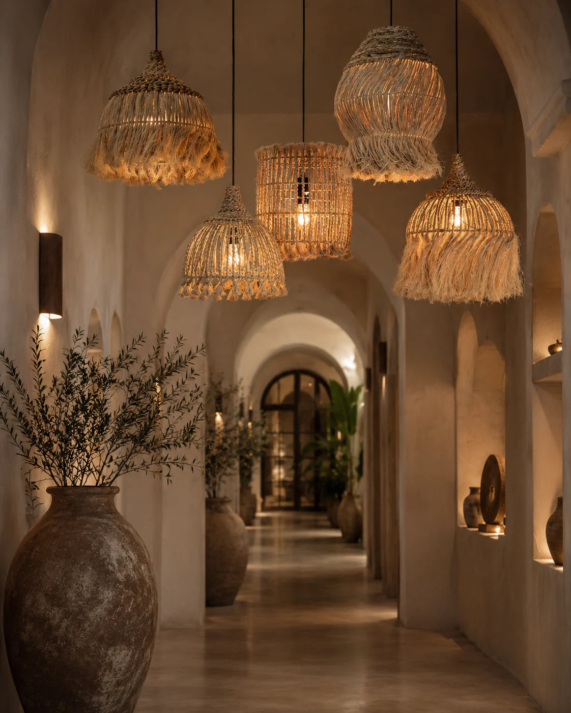 Decorative hallway with hanging wicker rattan light shades and potted plants.