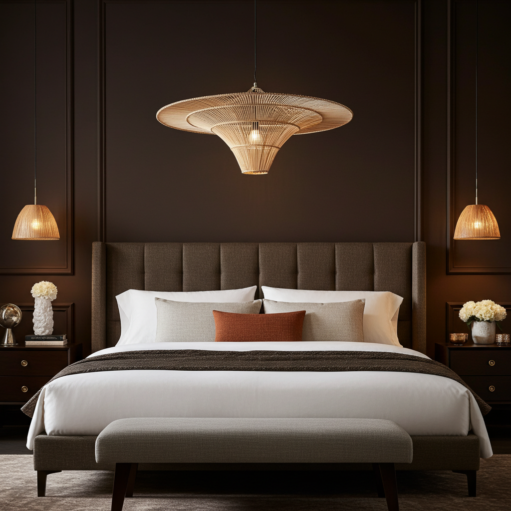 Dark brown bedroom with a large bed, headboard, and oversized rattan pendant lighting.
