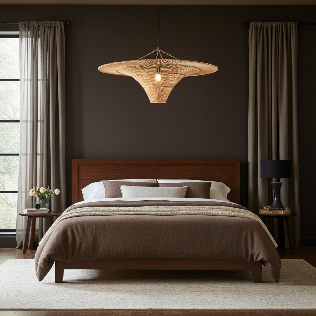 Modern bedroom with a wooden bed, oversized rattan pendant light, and side tables.
