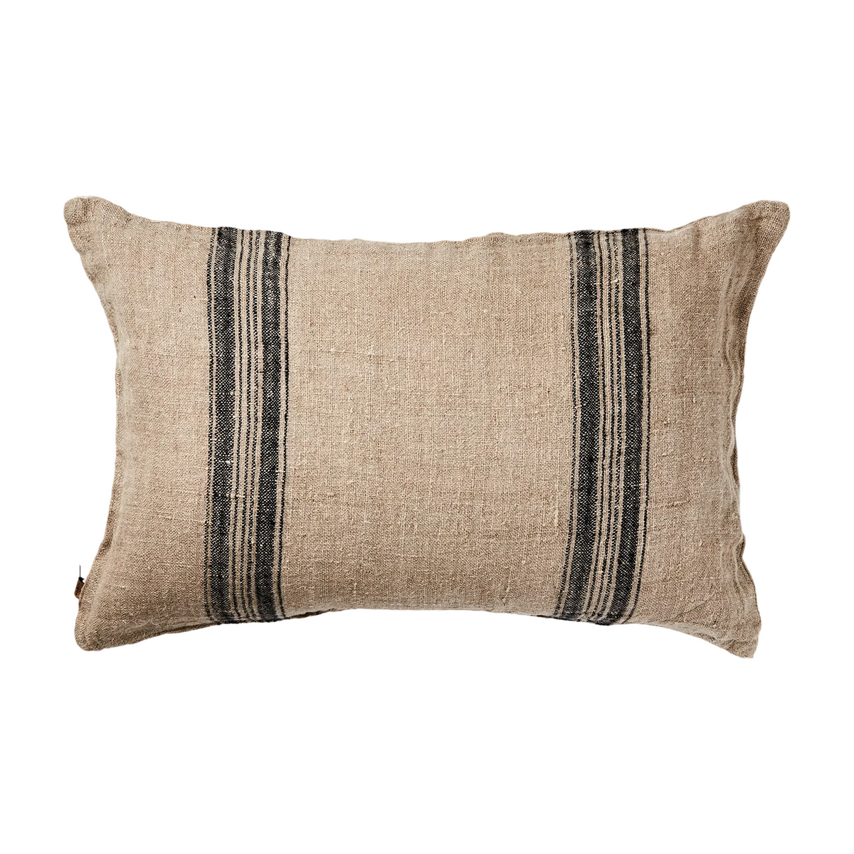 Natural linen rectangle scatter cushion cover  with black stripes on a white background