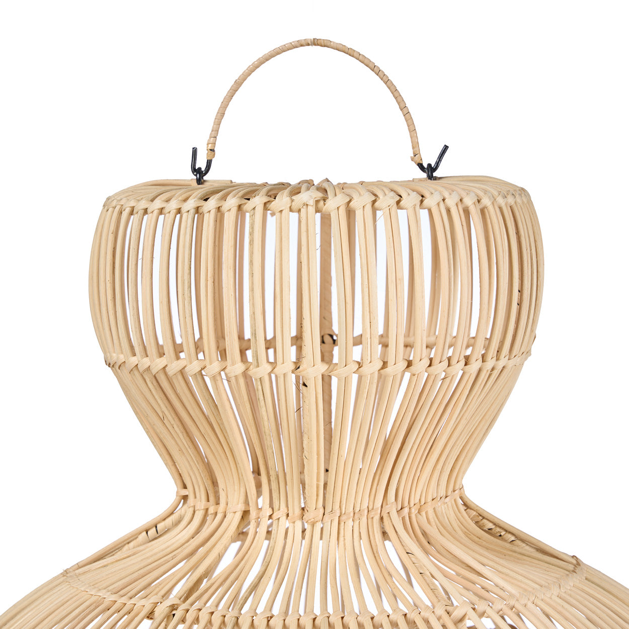 Woven rattan wicker light shade with a handle on a white background