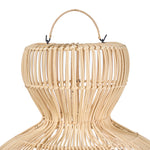 Woven rattan wicker light shade with a handle on a white background