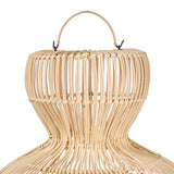 Woven rattan wicker light shade with a handle on a white background