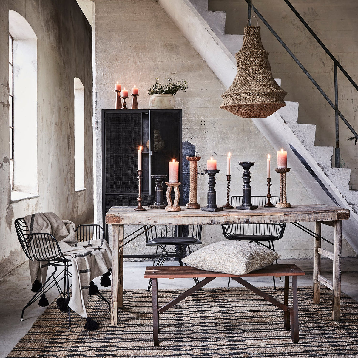 Eclectic dinging room with long rope pendant shade   flo & joe