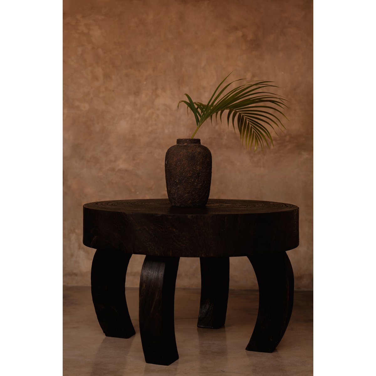 Dark wooden coffee table with a vase and plant against a brown plastered wall