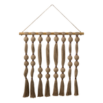 Decorative wall hanging with braided ropes and tassels on a white background