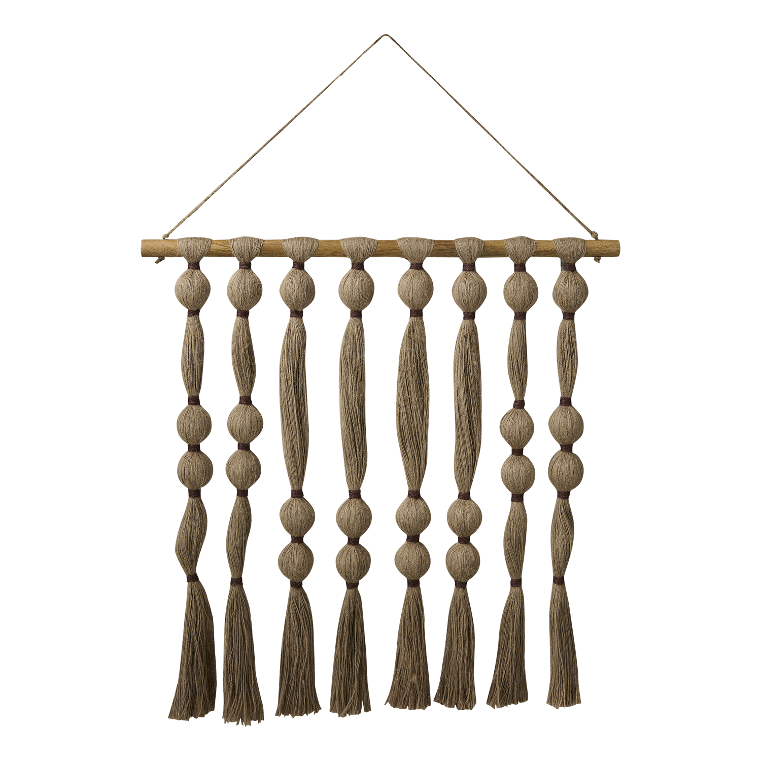 Decorative wall hanging with braided ropes and tassels on a white background