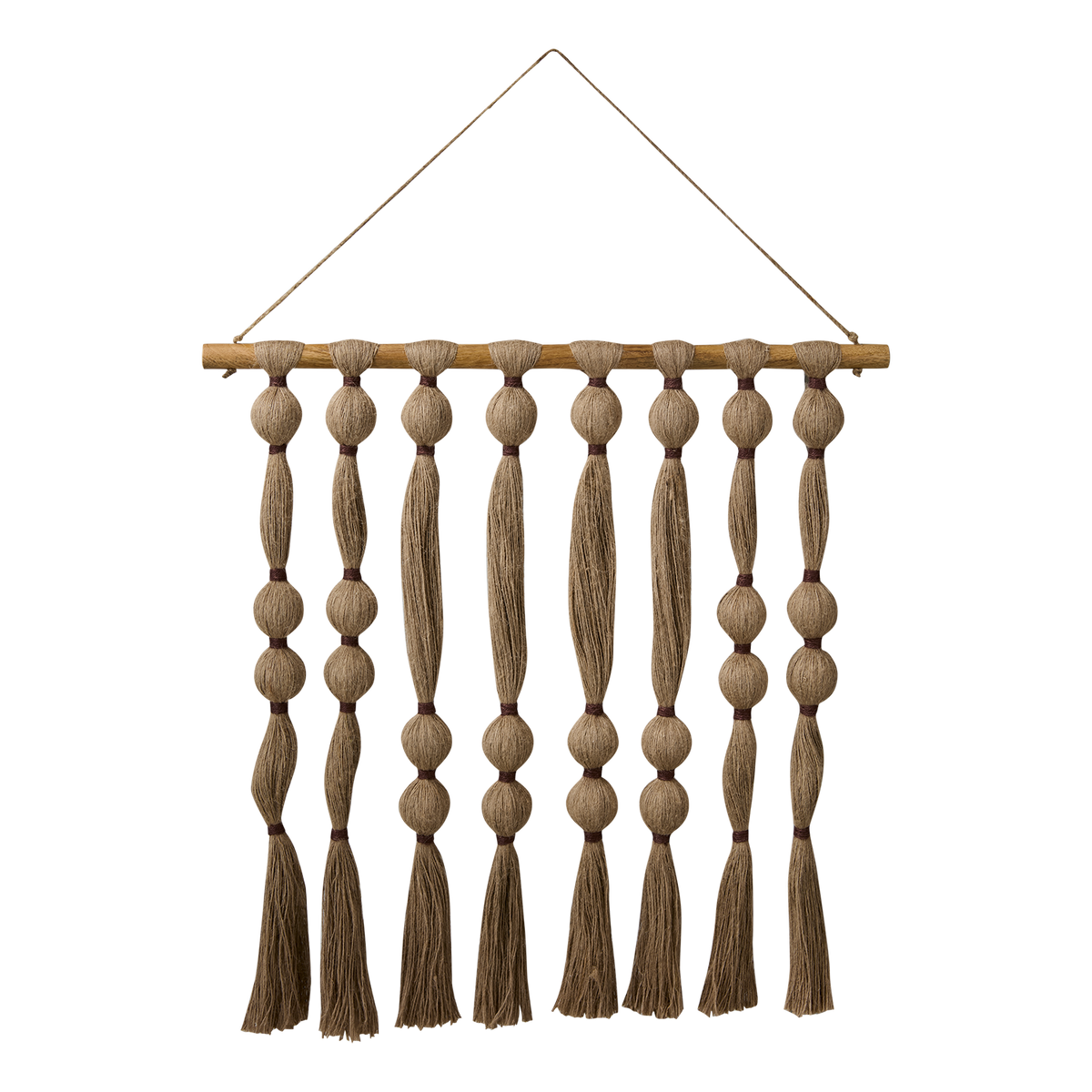 Decorative wall hanging with braided ropes and tassels on a white background