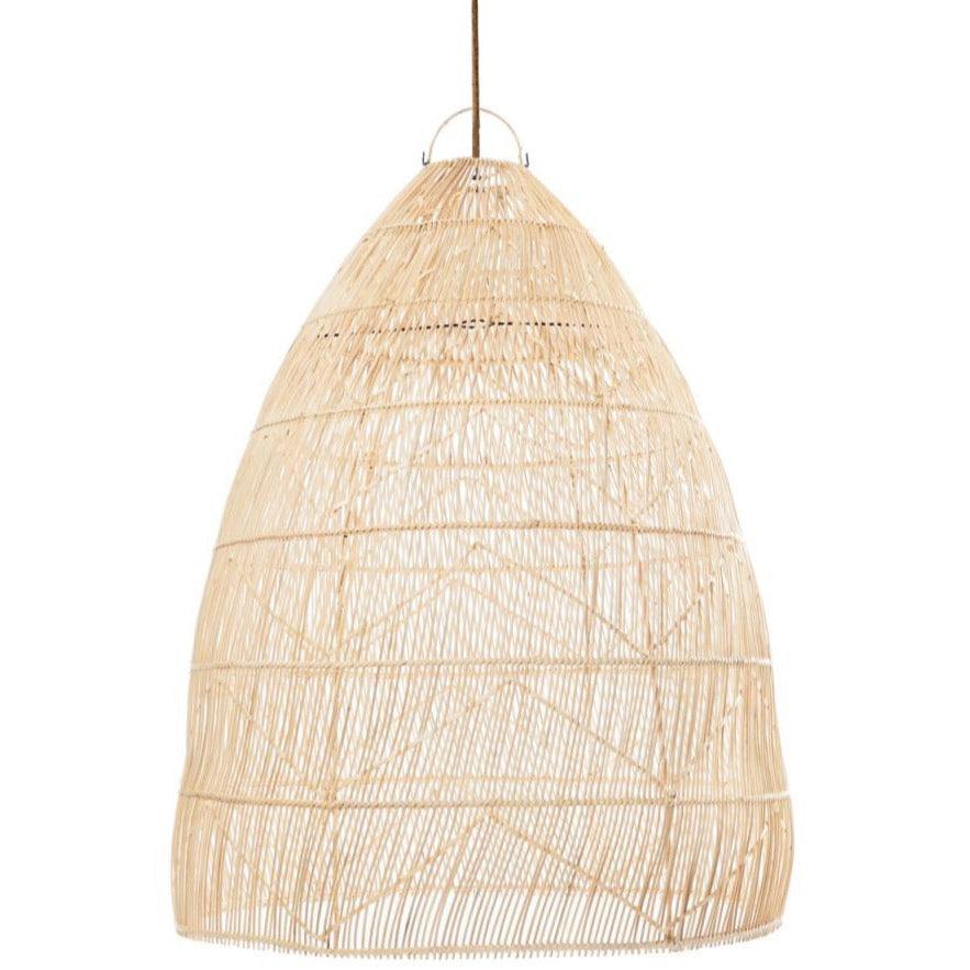 Large statement woven wicker rattan pendant light on a white background