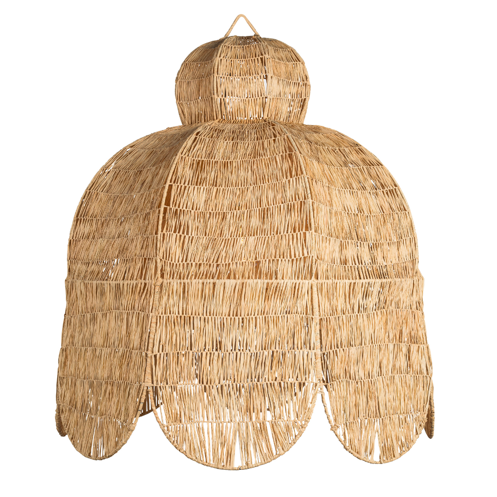 oversized rattan chandelier in a domed rounded petal shape

