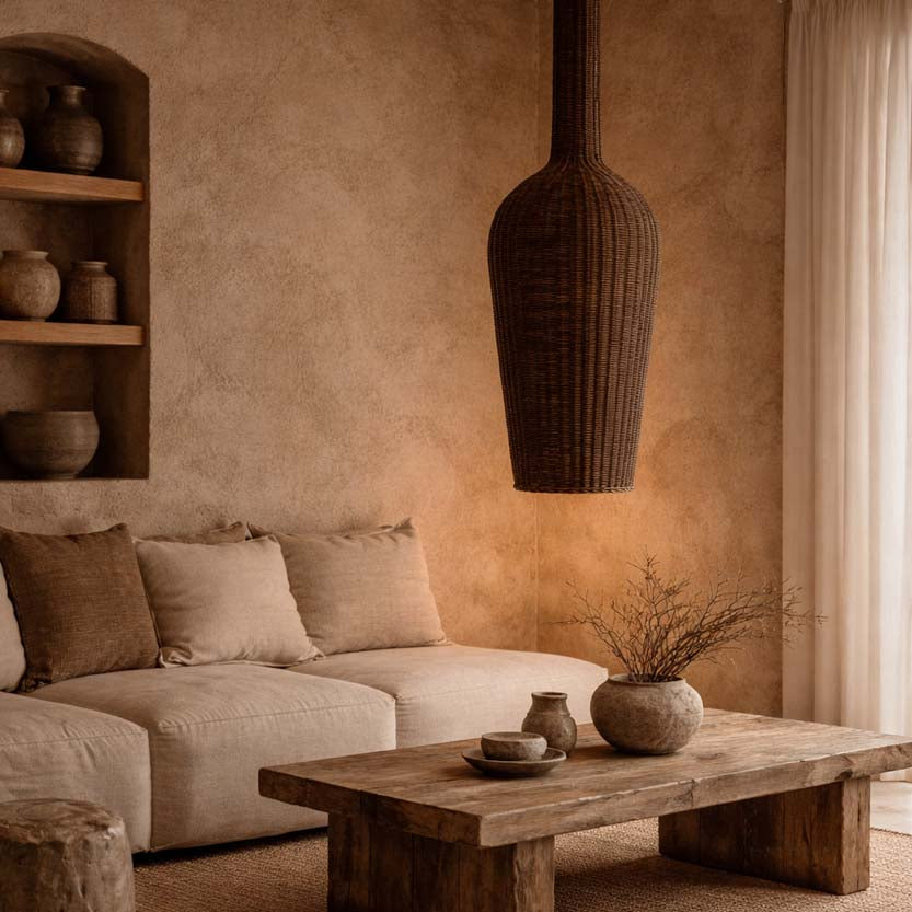 Cozy living room Woven wicker rattan vase shape Pendant light  - Flo & Joe