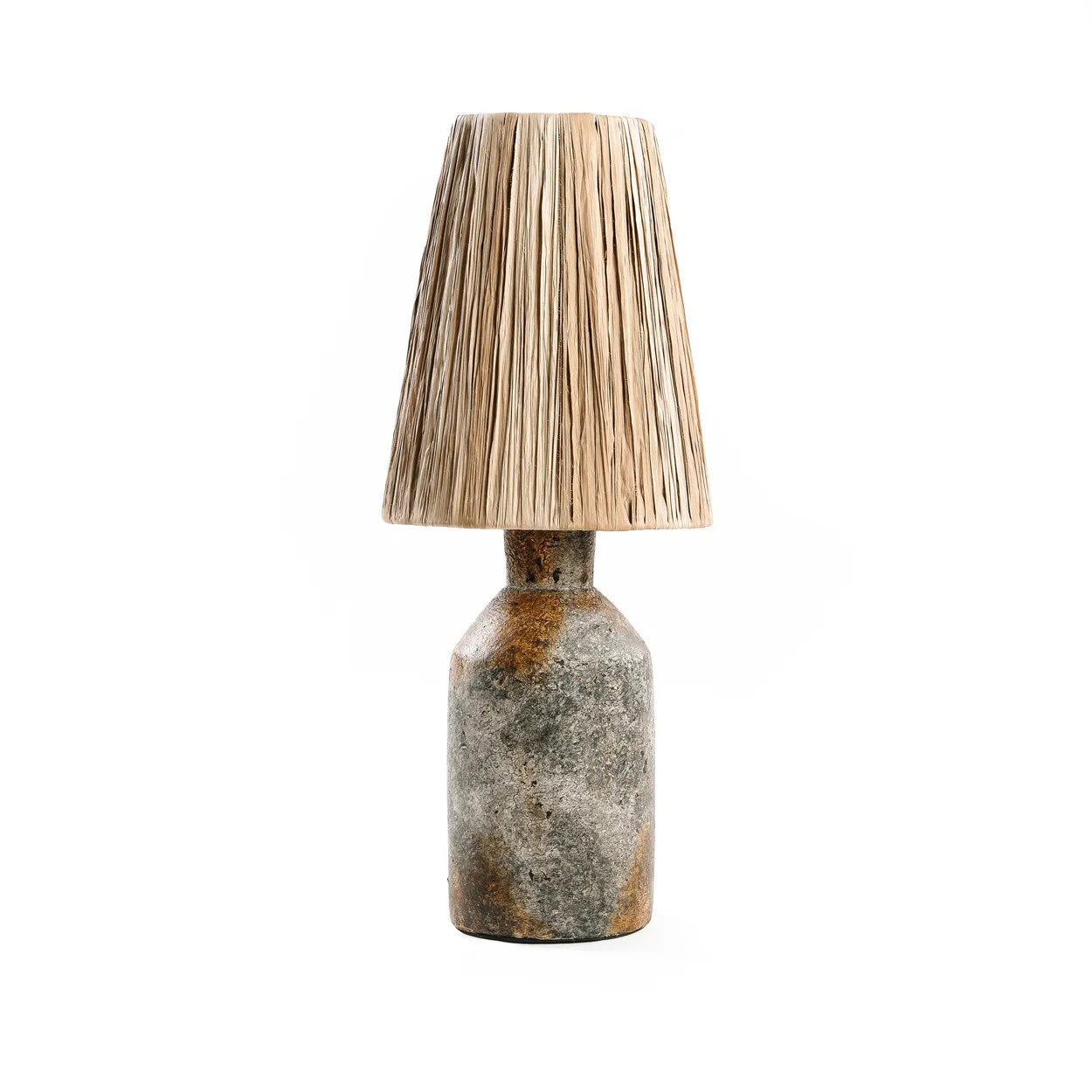 Table lamp with textured base and natural raffia  beige shade on a white background