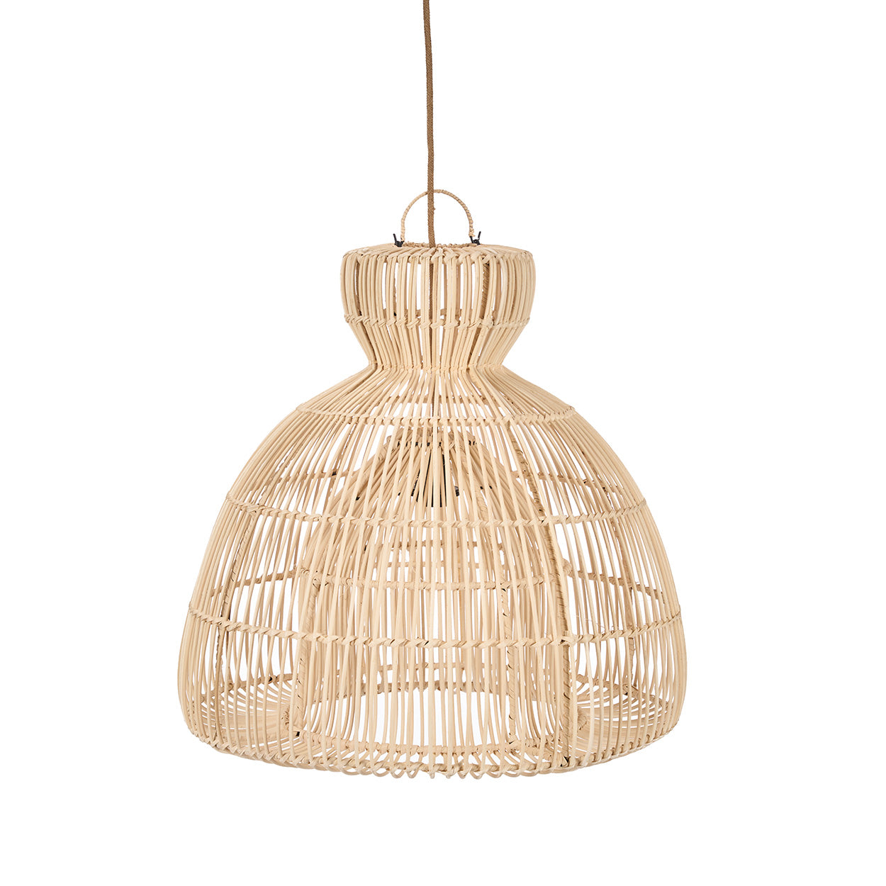 Woven rattan pendant light on a white background