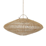 Large oval Woven rattan pendant light on a white background