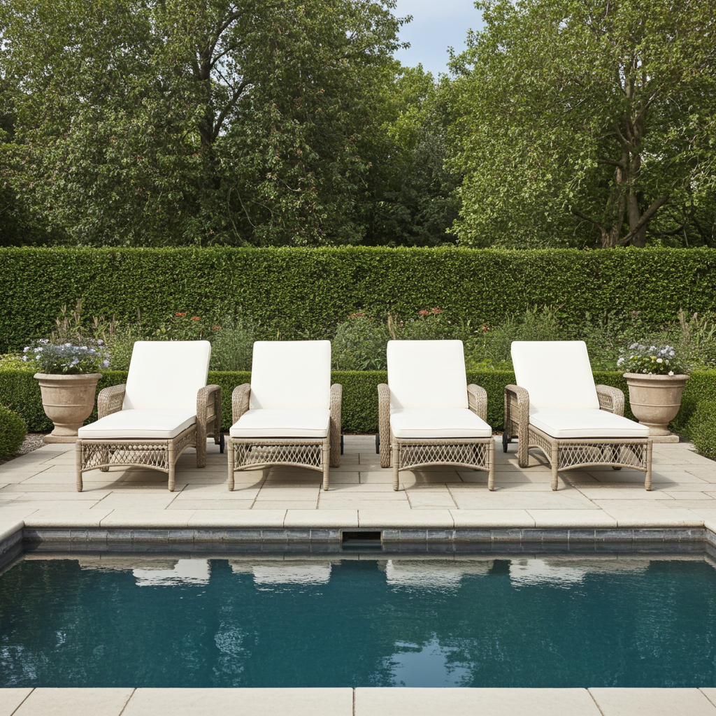 4 cream cushioned rattan wicker sun loungers next to a pool on stone patio