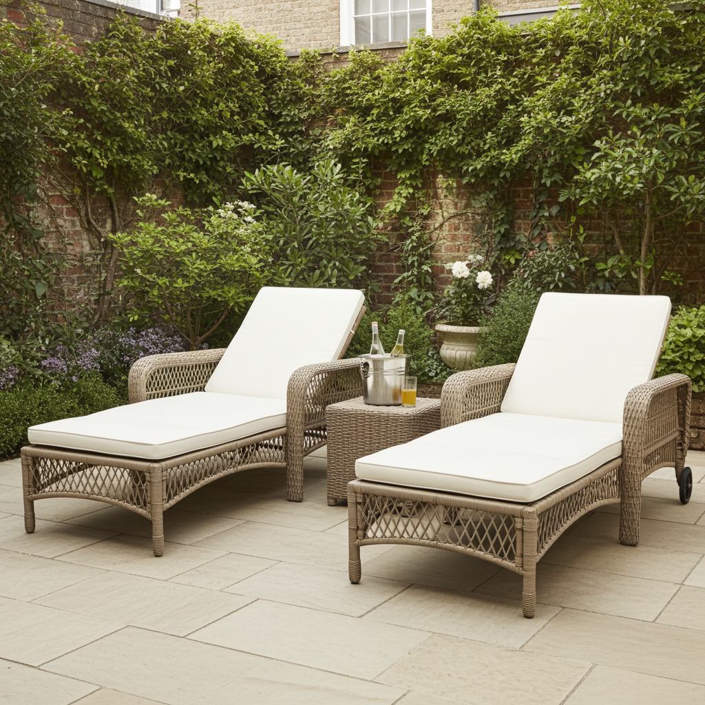 Two wicker outdoor lounge chairs with white cushions on a stone patio, surrounded by greenery.