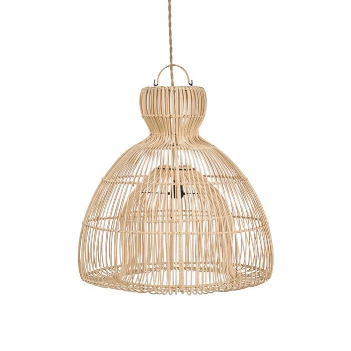 Woven rattan pendant light on a white background