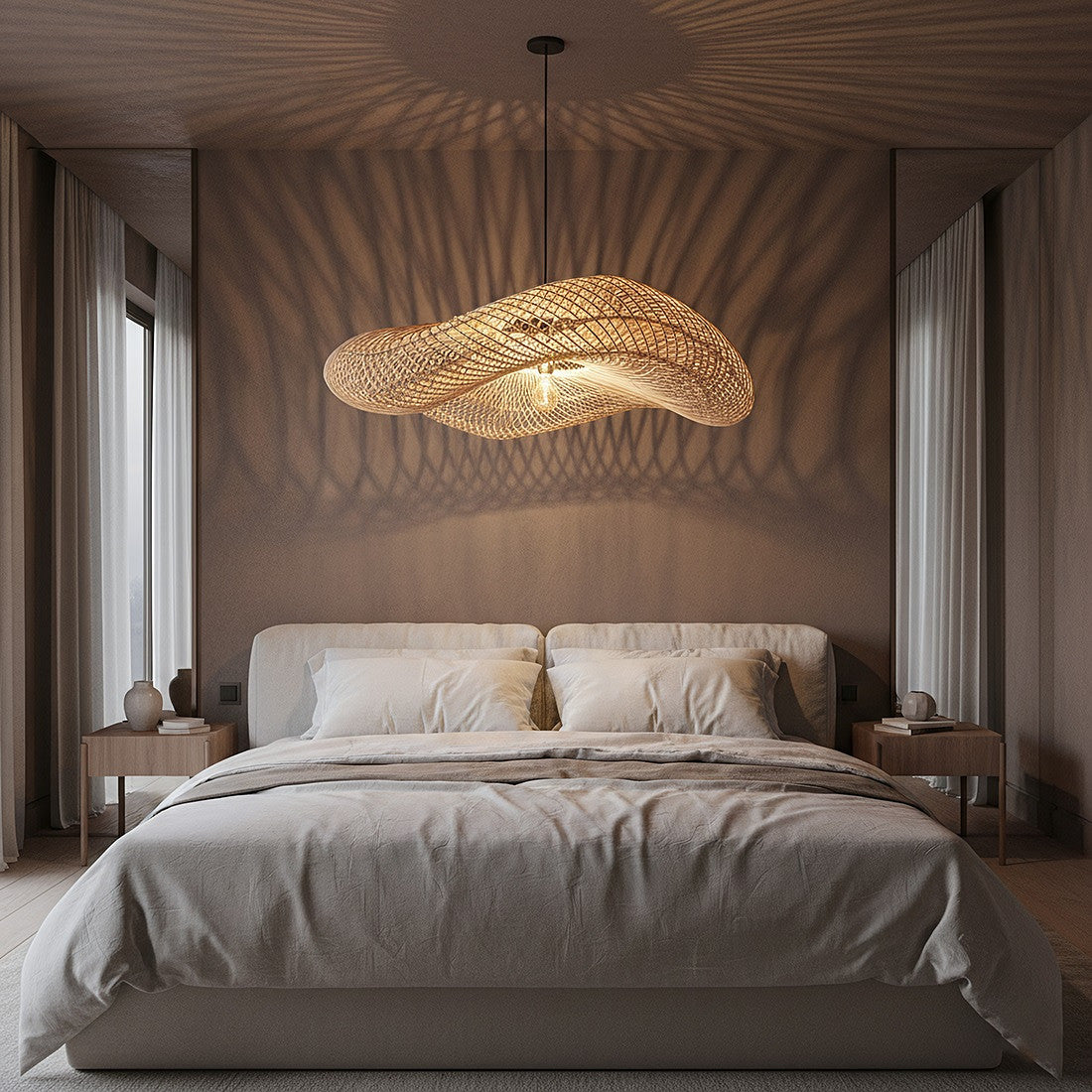 Oversized rattan extra large ceiling light over kingsize bed