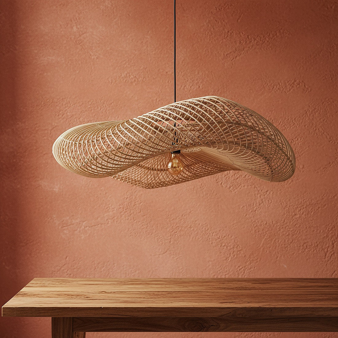 Oversized large rattan pendant ceiling light over kitchen table island