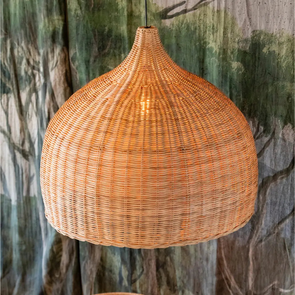 Large light rattan wicker dome light shade in bedroom
