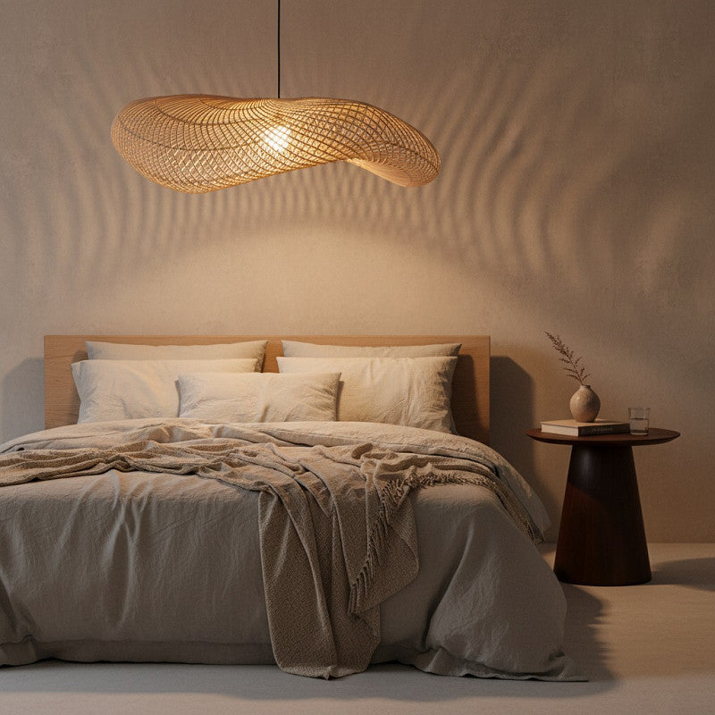Extra large rattan chandelier light over a king size bed with tables

