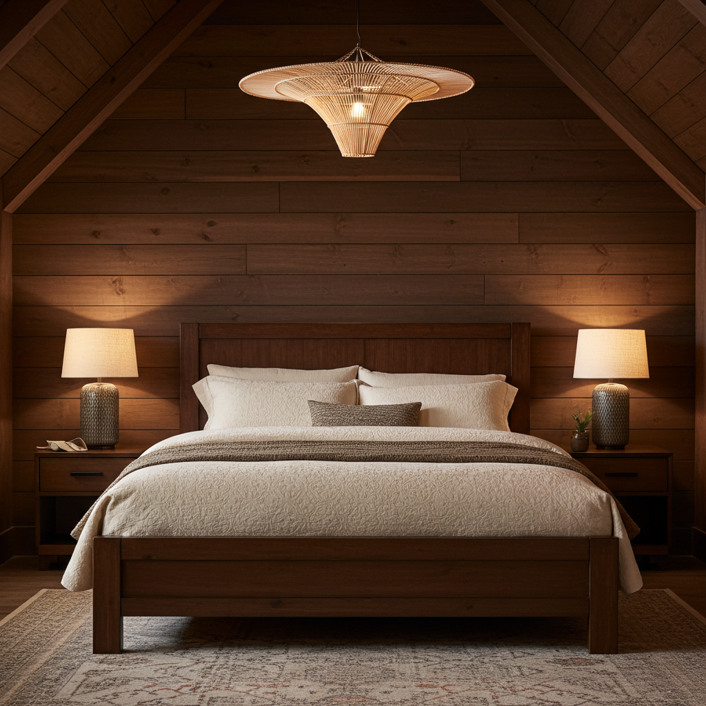Cabin bedroom with wooden bed, lamps, and large rattan light shade