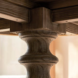 Close-up of a wooden table leg with wood grain