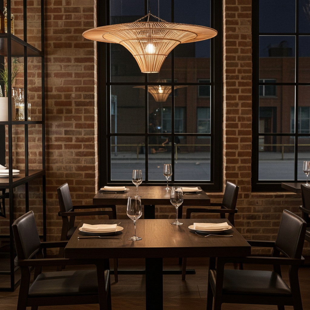 Restaurant dining area with tables, chairs, and large rattan pendant lighting
