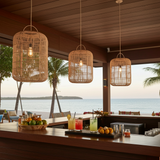 Outdoor bar with wicker rattan lights, drinks, and fruits overlooking a scenic view.