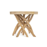 Wooden side table with unique branch-like design on a white background
