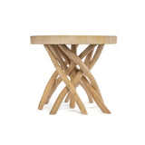 Wooden side table with unique branch-like design on a white background