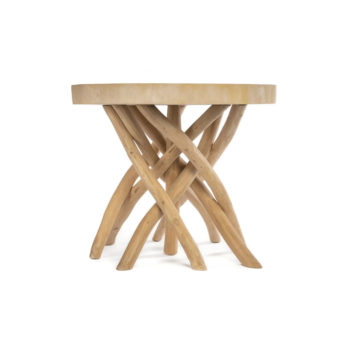 Wooden side table with unique branch like design on a white background