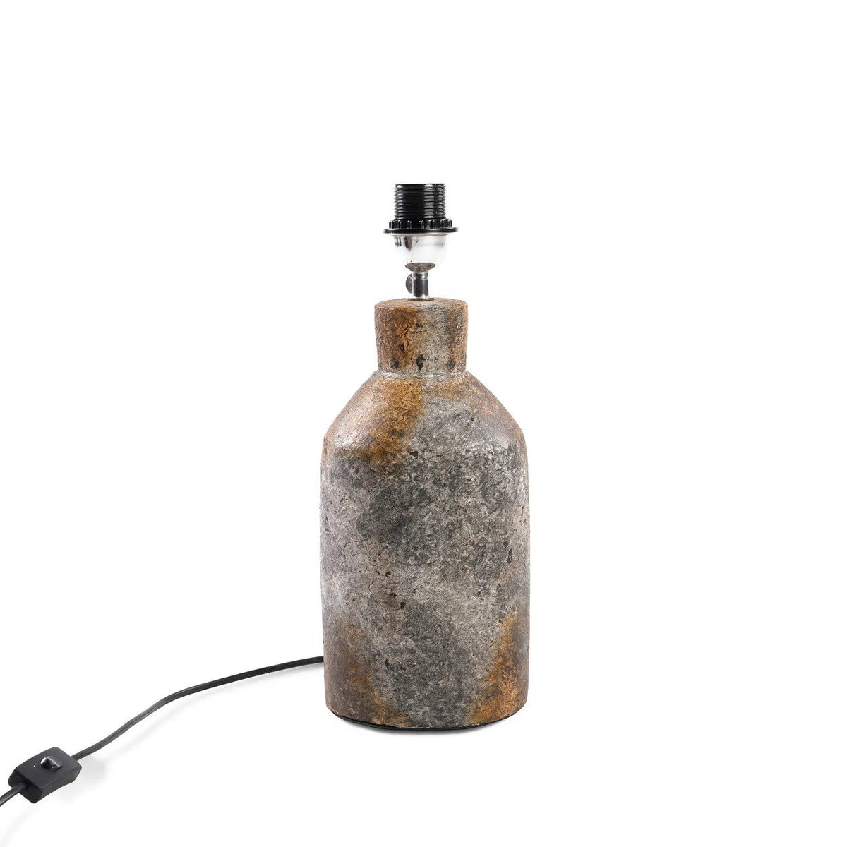 Glazed terracotta table lamp with a textured ceramic base on a white background