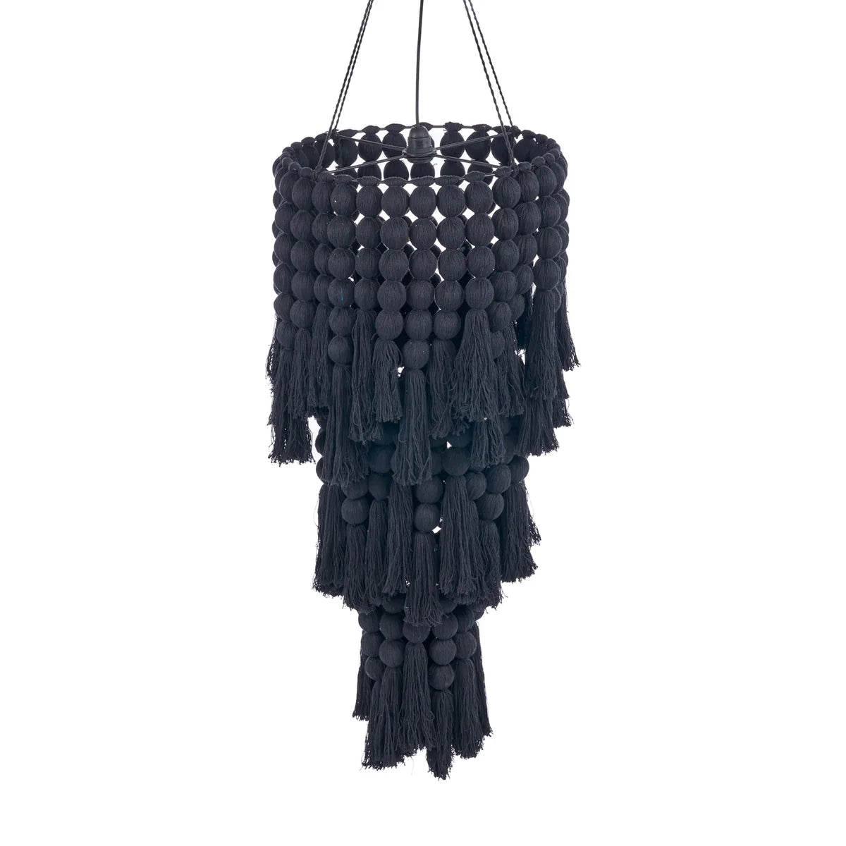 Black macramé chandelier with tassels on a white background
