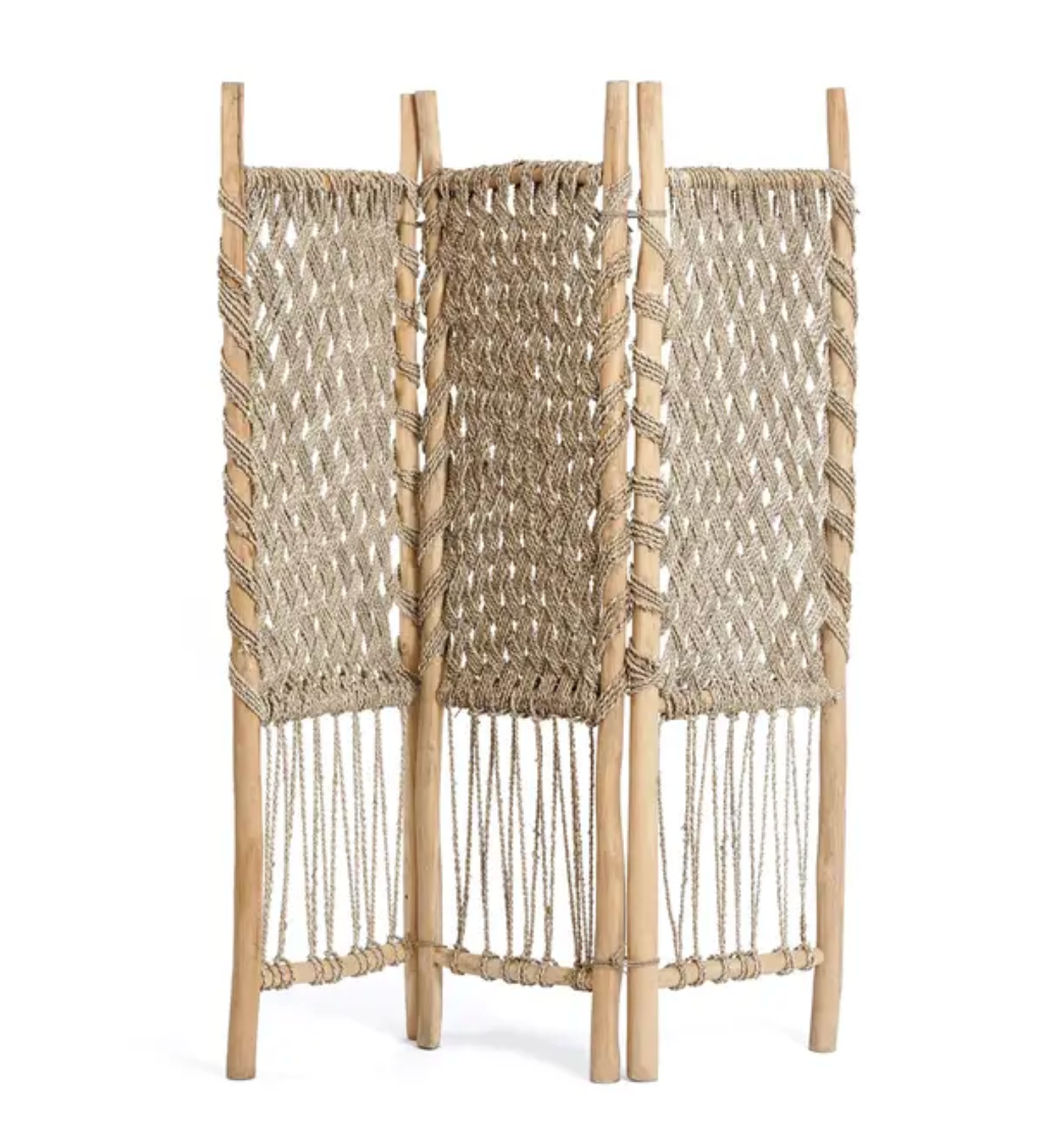 The Room Divider - Natural wood and seagrass folding panelled modesty screen
