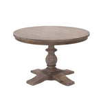 classic round wooden dining table with carved base, seats 4 and is 120cm in diameter